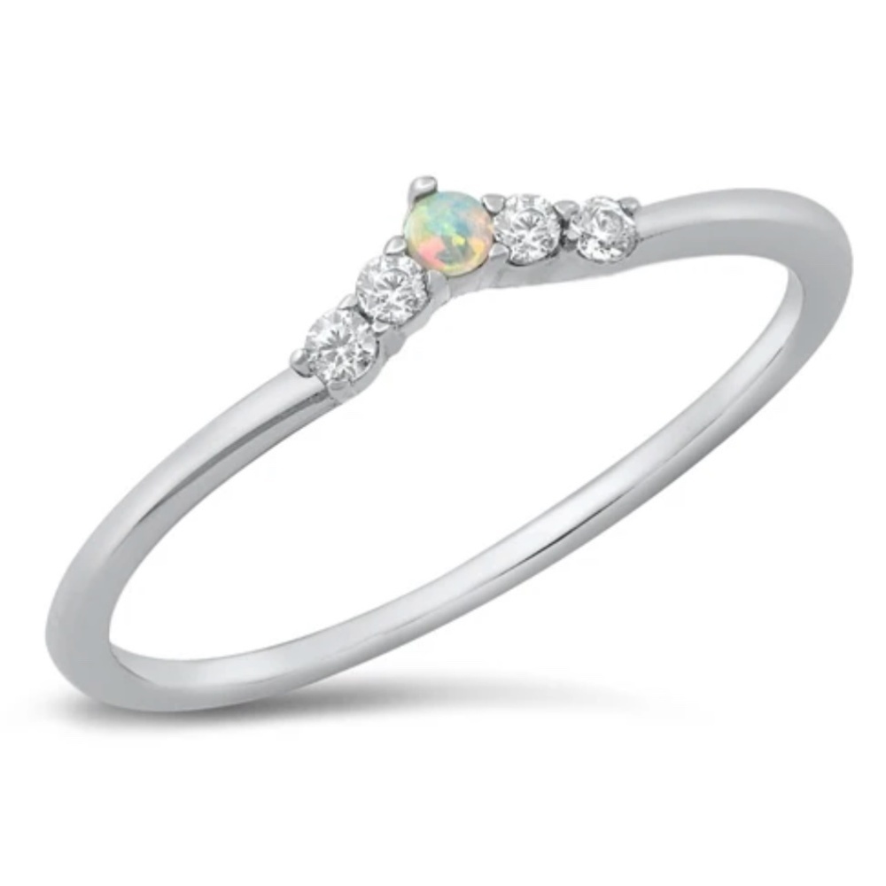 Sterling Silver Lab Opal Ring – Dainty 3mm Accent with Clear CZ - Picture 1 of 1
